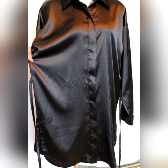 Womens Satin Tunic Shirt Black (L) - Picture 3 of 9